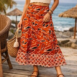 Burnt Orange Abstract Leaf Print Midi Skirt Embroidered‎ Eyelet Boho Festival M